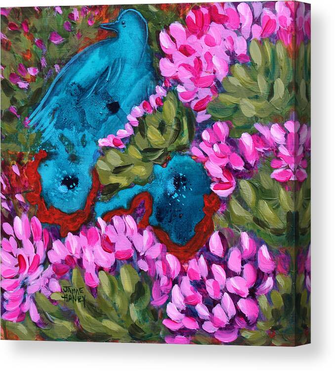 Bluebird Canvas Print featuring the painting Cactus flower blue bird dream by Jaime Haney