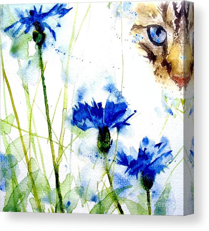 Tabby Canvas Print featuring the painting Cat in the cornflowers by Paul Lovering
