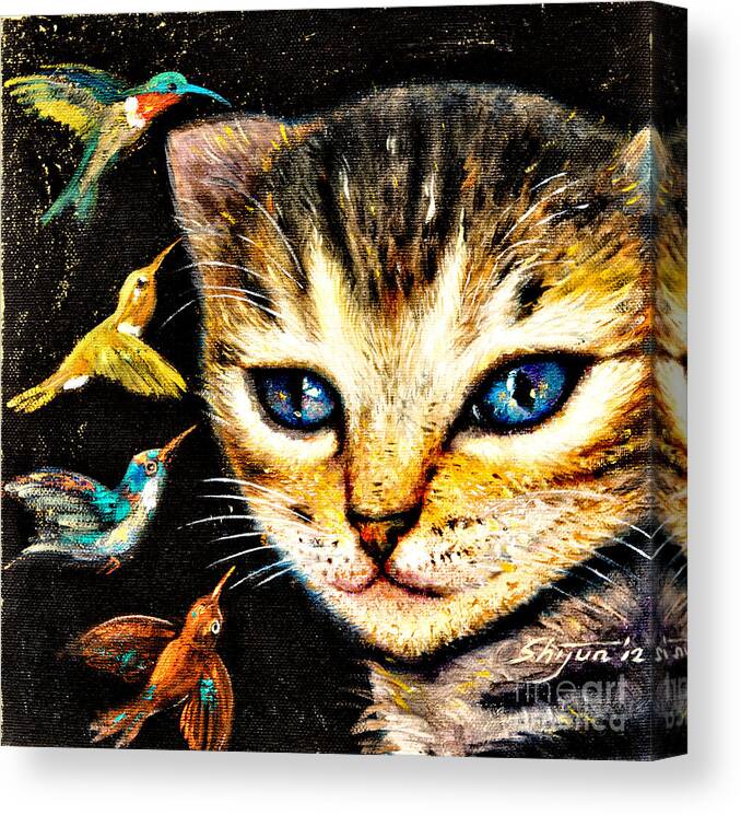 Cat Canvas Print featuring the painting Cat with Hummingbirds by Shijun Munns