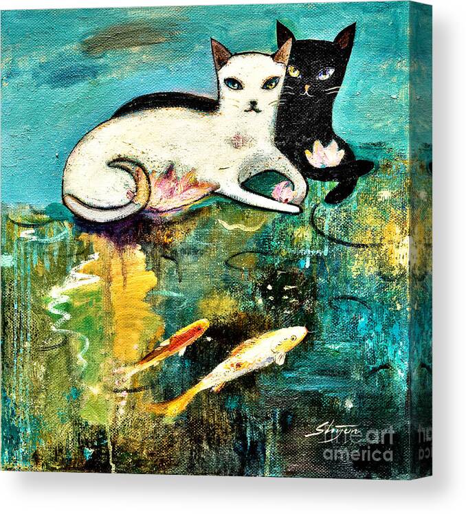 Black Cat Canvas Print featuring the painting Cats with koi by Shijun Munns