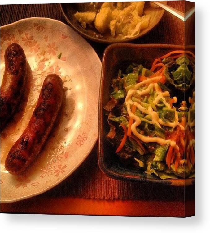 Cute Canvas Print featuring the photograph Chicken Sausage (italian Taste) & Salad by Futoshi Takami