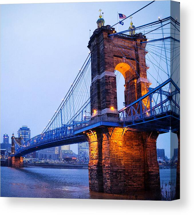 Cincinnati Canvas Print featuring the photograph Cincinnati and Robeling Suspension Bridge at Twilight by Tanya Harrison