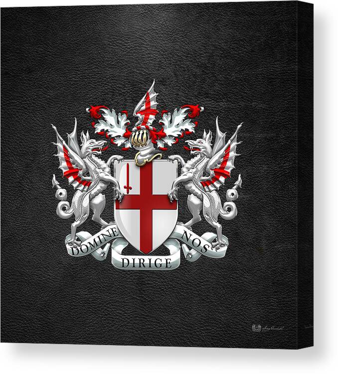 'cities Of The World' Collection By Serge Averbukh Canvas Print featuring the digital art City of London - Coat of Arms over Black Leather by Serge Averbukh