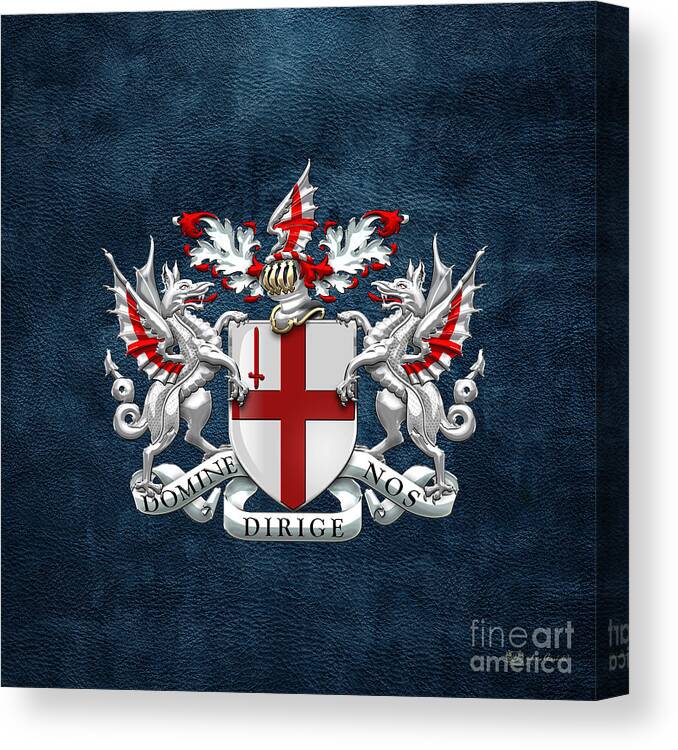 'cities Of The World' Collection By Serge Averbukh Canvas Print featuring the digital art City of London - Coat of Arms over Blue Leather by Serge Averbukh