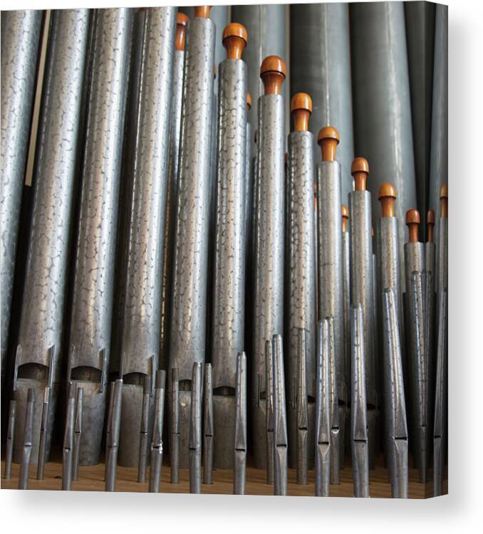 Music Canvas Print featuring the photograph Close Up Of Silver Pipes On A Musical by John Short / Design Pics