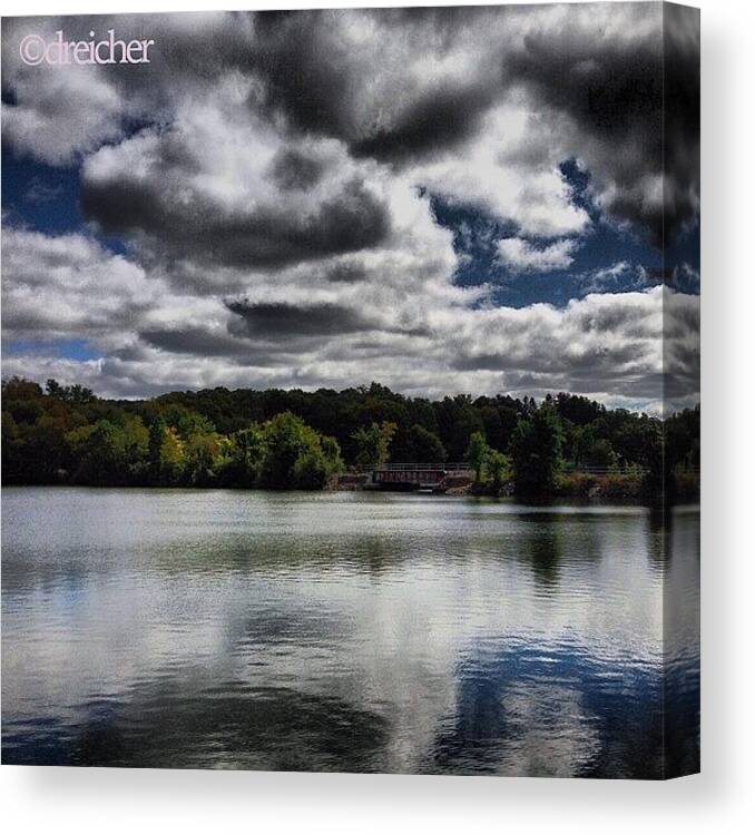 Bridge Canvas Print featuring the photograph #clouds #lake #sky #reflections by Denise Reicher
