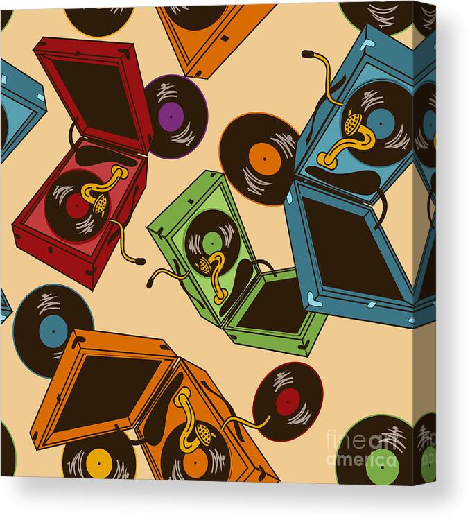 Platter Canvas Print featuring the digital art Colorful Seamless Pattern Of Gramophones by Annykos