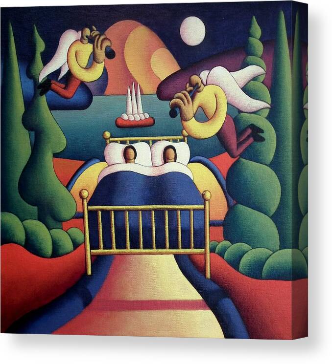 Couple Canvas Print featuring the painting Couple in bed in landscape with angels by Alan Kenny