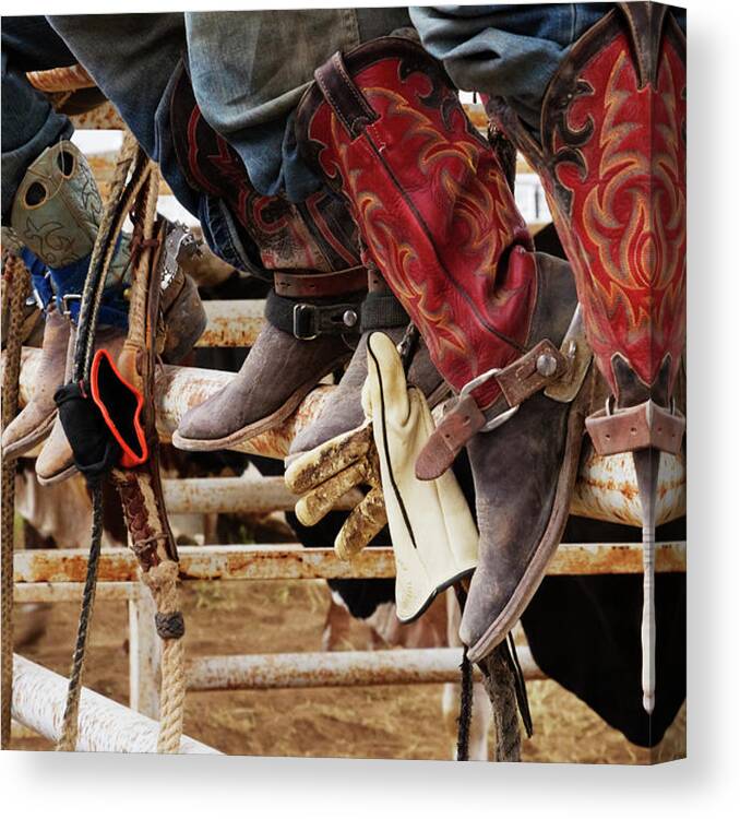 People Canvas Print featuring the photograph Cowboys Sitting On A Cattle Stall by Jeremy Woodhouse