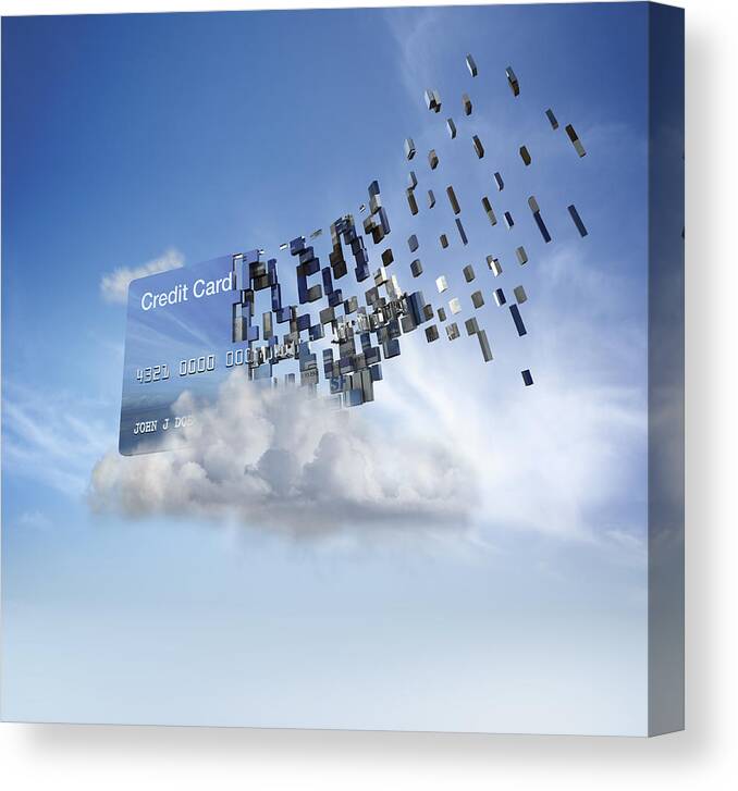 Debt Canvas Print featuring the photograph Credit card disintegrating into cloud in blue sky by Colin Anderson Productions Pty Ltd