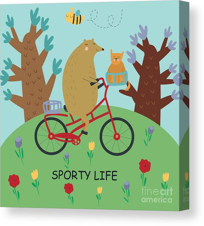 Forest Canvas Print featuring the digital art Cute Illustrations Of Bear Riding by Kaliaha Volha