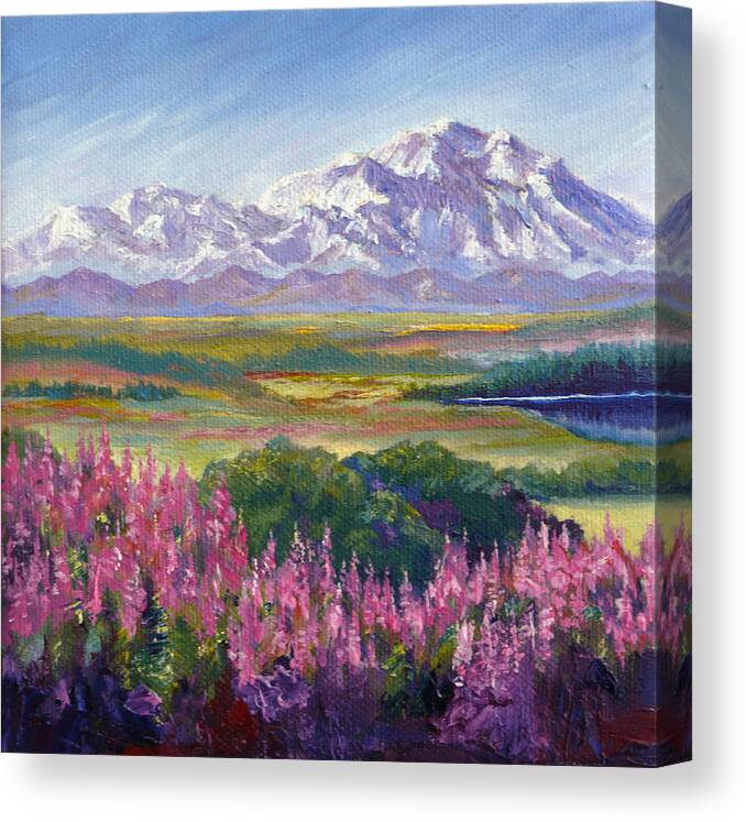 Denali Canvas Print featuring the painting Denali and Fireweed Alaska by Karen Mattson