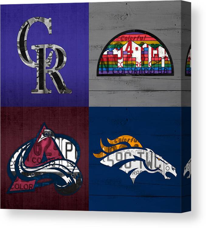 Denver Canvas Print featuring the mixed media Denver Sports Fan Recycled Vintage Colorado License Plate Art Rockies Nuggets Avalanche Broncos by Design Turnpike