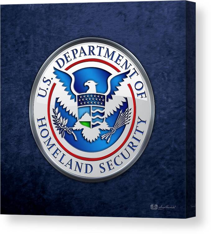 'military Insignia & Heraldry 3d' Collection By Serge Averbukh Canvas Print featuring the digital art Department of Homeland Security - D H S Emblem on Blue Velvet by Serge Averbukh