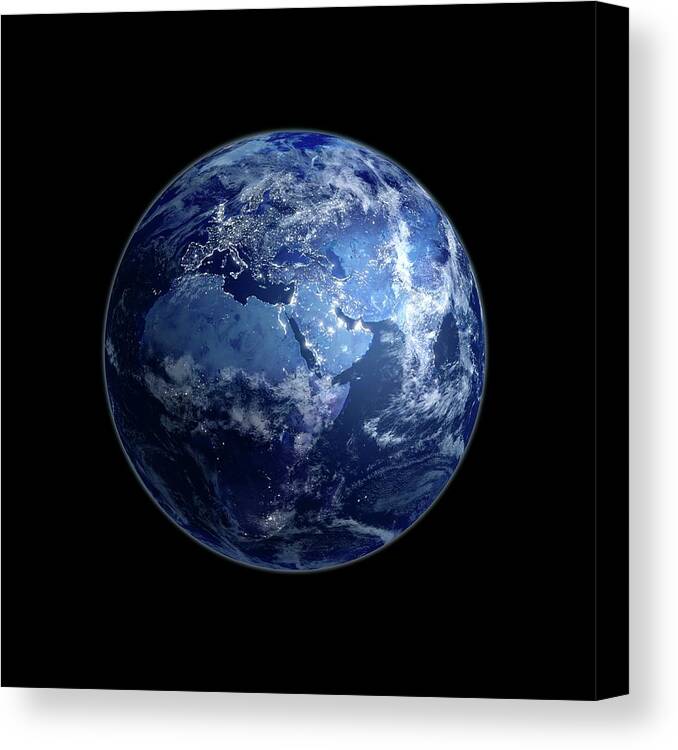 Globe Canvas Print featuring the digital art Earth At Night, Artwork by Science Photo Library - Andrzej Wojcicki