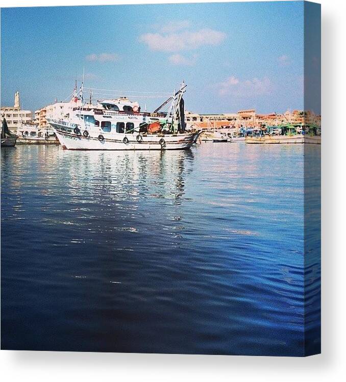 Blue Canvas Print featuring the photograph #egypt #damietta #fishing #boat #water by Mohamed Elkhamisy