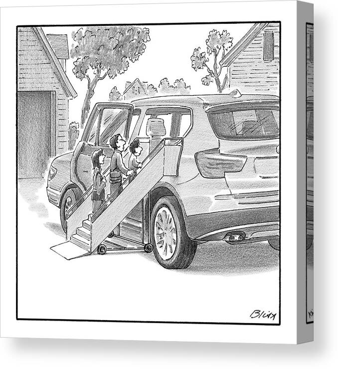 Captionless Canvas Print featuring the drawing Family Entering Their Suv With The Aid Of A Large by Harry Bliss