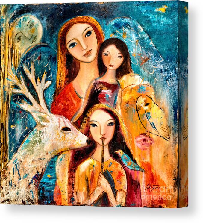 Mother And Child Canvas Print featuring the painting Family with Reindeer by Shijun Munns