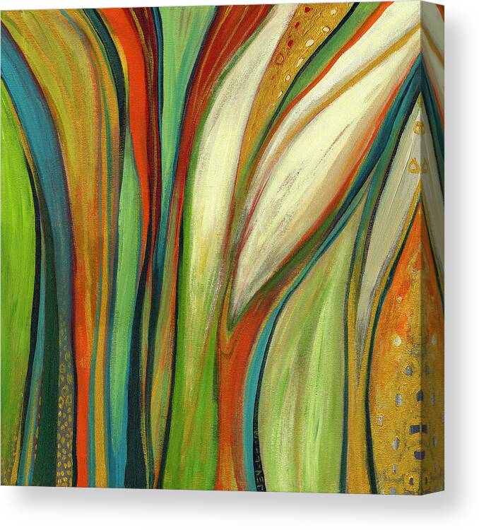 Abstract Modern Color Paradise Bird Green Red Gold Klimt Jenlo Organic Canvas Print featuring the painting Finding Paradise by Jennifer Lommers