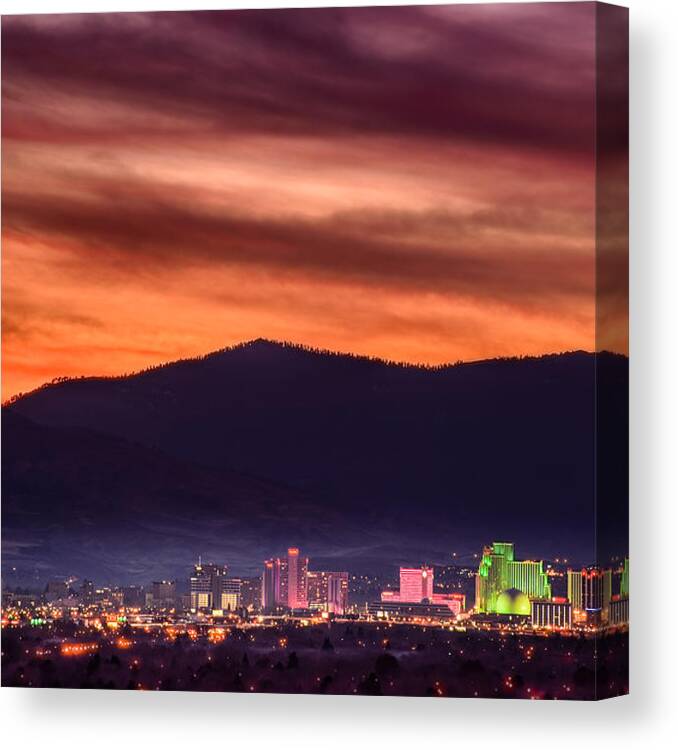 Reno Nevada Canvas Print featuring the photograph Fire in the Sky Reno Sunset by Janis Knight