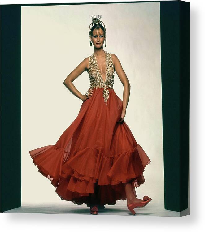 Fashion Canvas Print featuring the photograph Francoise Rubartelli Wearing A Red Dress by Gianni Penati