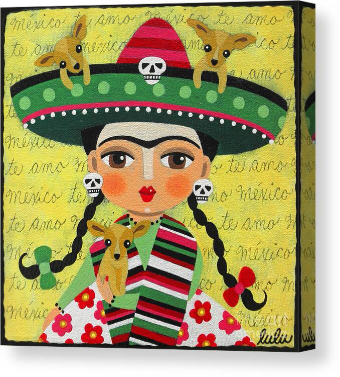 Frida Canvas Print featuring the painting Frida Kahlo with Sombrero and Chihuahuas by Andree Chevrier