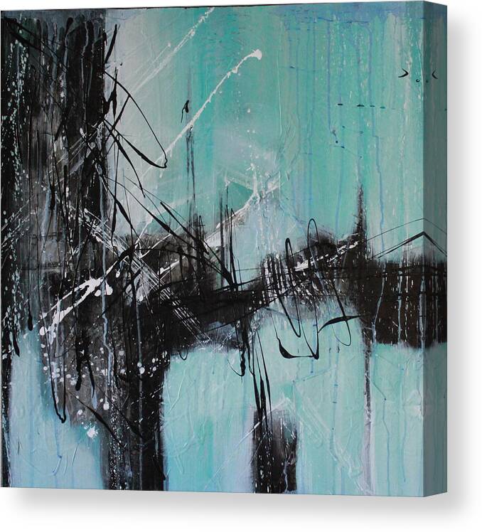 Mixed Media Textured Abstract Acrylic Painting Contemporary Blacks And Greens And Blues Canvas Print featuring the painting Frozen by Lauren Petit