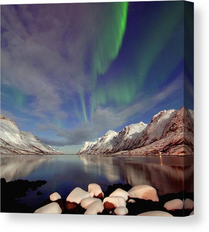 Tranquility Canvas Print featuring the photograph Full Moon In Ersfjordbotn by John Hemmingsen