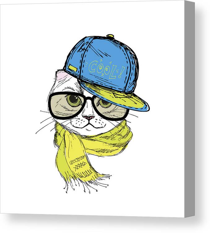 Pets Canvas Print featuring the digital art Funny Fashion Cat In A Cap And Glasses by Bagira22