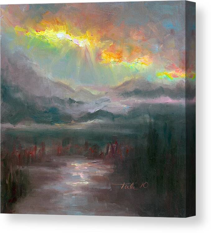 Scenic Canvas Print featuring the painting Gold Lining - Chugach Mountain range en plein air by Talya Johnson