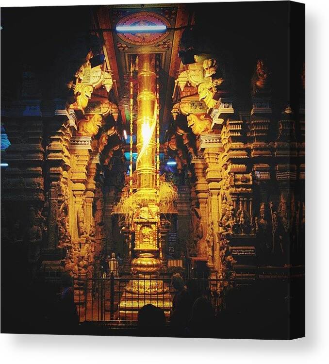 Spiritual Canvas Print featuring the photograph Golden Rod In Meenakshi Temple by Raimond Klavins