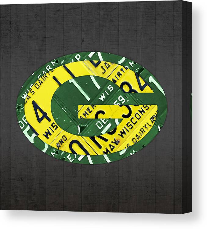 Green Bay Canvas Print featuring the mixed media Green Bay Packers Football Team Retro Logo Wisconsin License Plate Art by Design Turnpike