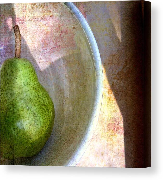 Fruit Canvas Print featuring the photograph Green Pear with Flowered Background Still Life by Louise Kumpf