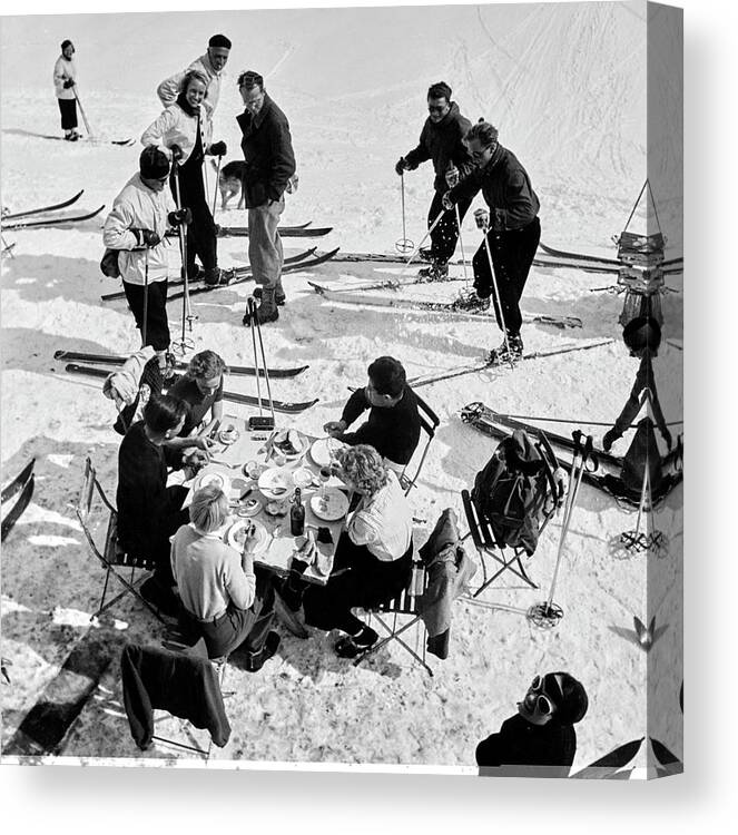 Food Canvas Print featuring the photograph Group Of Skiers At Sant Moritz by Roger Schall
