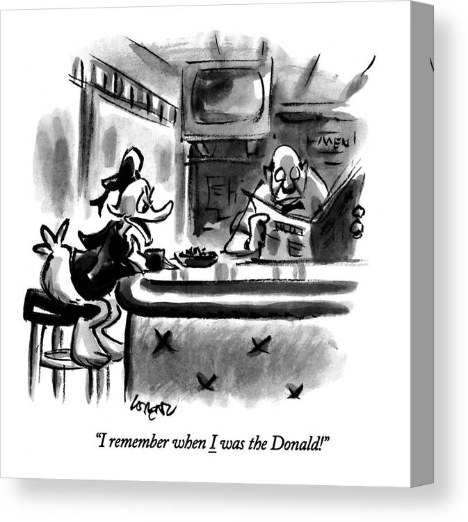 (a Saddened Donald Duck Talking At A Bar Canvas Print featuring the drawing I Remember When I Was The Donald! by Lee Lorenz
