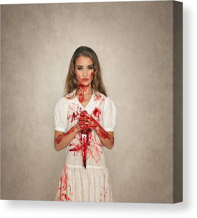People Canvas Print featuring the photograph Killer Beauty Holding Bloody Knife by Mammuth