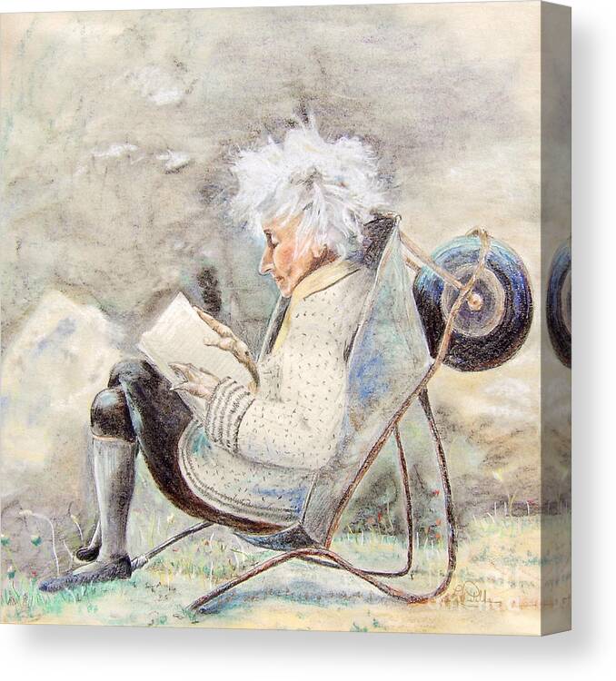 Portrait Canvas Print featuring the pastel Lady in Wheel Barrel by Lisa Pastille