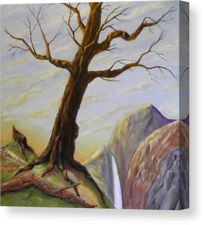 Tree Branches Mountains Waterfall Water Rocks Grass Moss Stump Log Decay River Dirt Rocks Green Blue Yellow White Orange Brown Purple Clouds Sky Sunset Roots Cliff Sand Light Dark Shadow Sunlight Peaks Canvas Print featuring the painting Last Tree Standing by Ida Eriksen