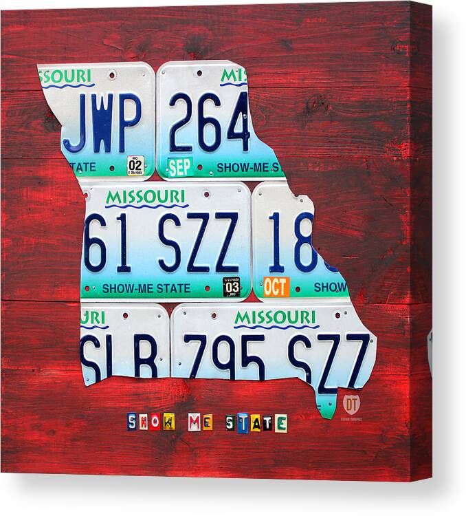 License Plate Map Canvas Print featuring the mixed media License Plate Map of Missouri - Show Me State - by Design Turnpike by Design Turnpike