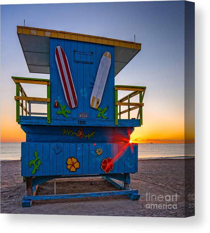 South Beach Canvas Print featuring the photograph Lifeguard Tower of South Beach at Sunrise - Lummus Park - Miami Beach Florida by Silvio Ligutti