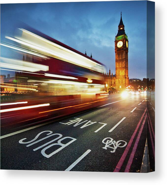 Bus Lane Canvas Print featuring the photograph Light Trails On Westminster Bridge With by Ricardolr