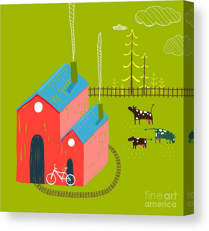 Small Canvas Print featuring the digital art Little Village House Rural Landscape by Popmarleo