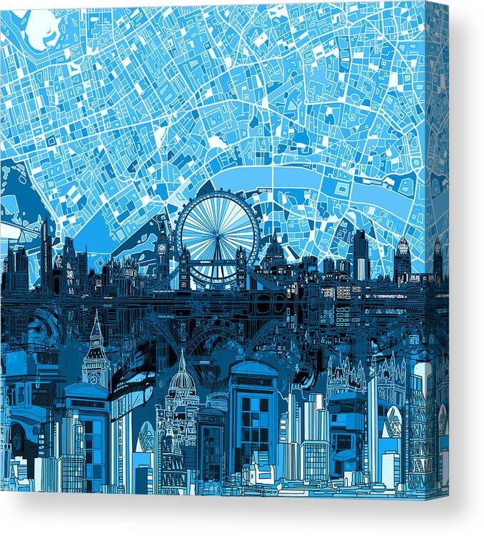 London Canvas Print featuring the painting London Skyline Abstract Blue by Bekim M