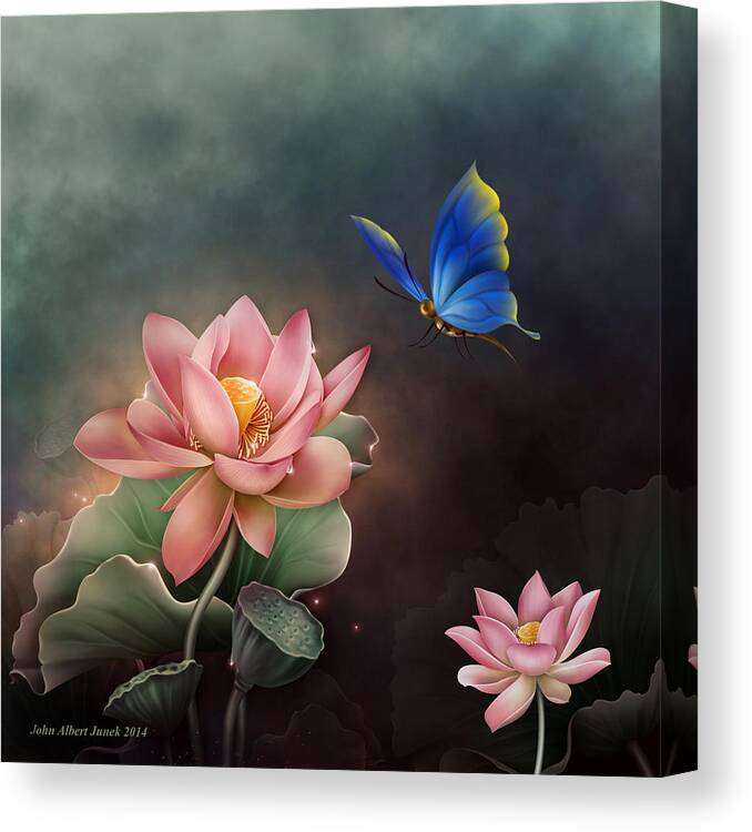 Lotus Flower Canvas Print featuring the digital art Lotus Flower and blue butterfly by John Junek