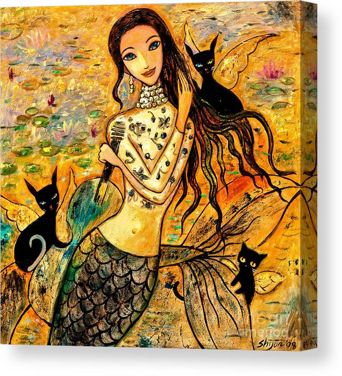 Mermaid Art Canvas Print featuring the painting Lotus Pool by Shijun Munns