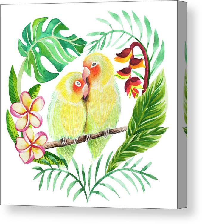 Tropical Canvas Print featuring the painting Love Birds Watercolour Tropical Placement Design by MGL Meiklejohn Graphics Licensing