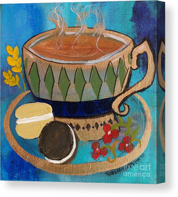 Cup Canvas Print featuring the painting Macaroons and Tea by Robin Pedrero