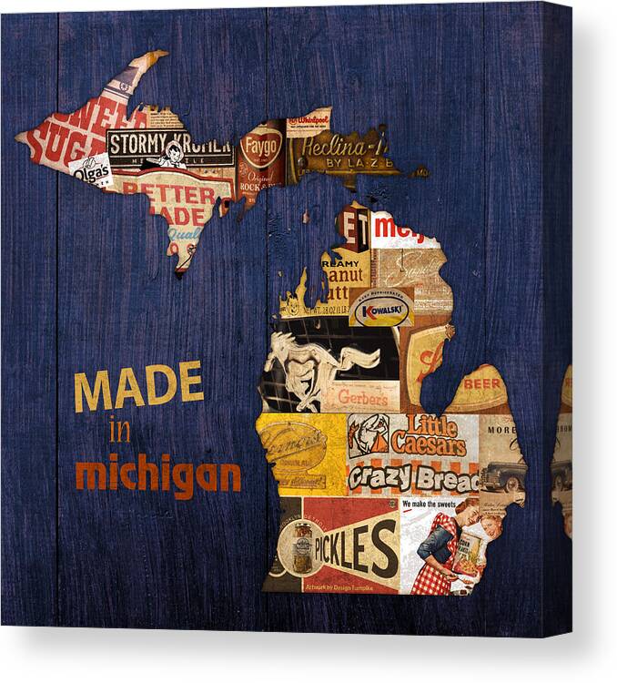 Made In Michigan Products Vintage Map On Wood Kelloggs Better Made Faygo Ford Chevy Gm Little Caesars Strohs Pioneer Sugar Lazy Boy Detroit Lansing Grand Rapids Flint Mustang Meijer Olgas Vernors Gerber Kowalski Sausage Corn Flakes Canvas Print featuring the mixed media Made in Michigan Products Vintage Map on Wood by Design Turnpike