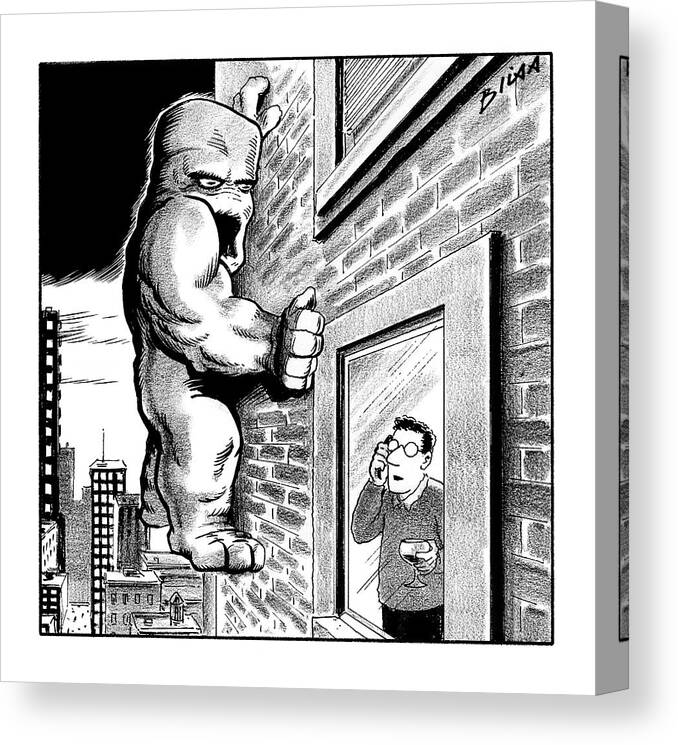 Caption Contest Tk Canvas Print featuring the drawing Man On Cell Phone Sees Monster On Side by Harry Bliss