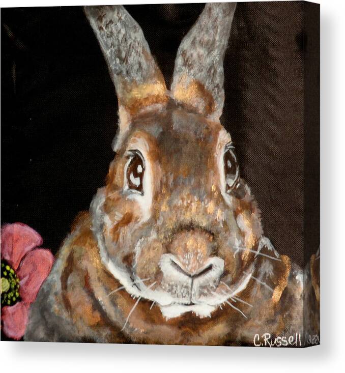 Close Up Portrait Of Rabbit With Poppy Flower. Canvas Print featuring the painting Marion by Carol Russell